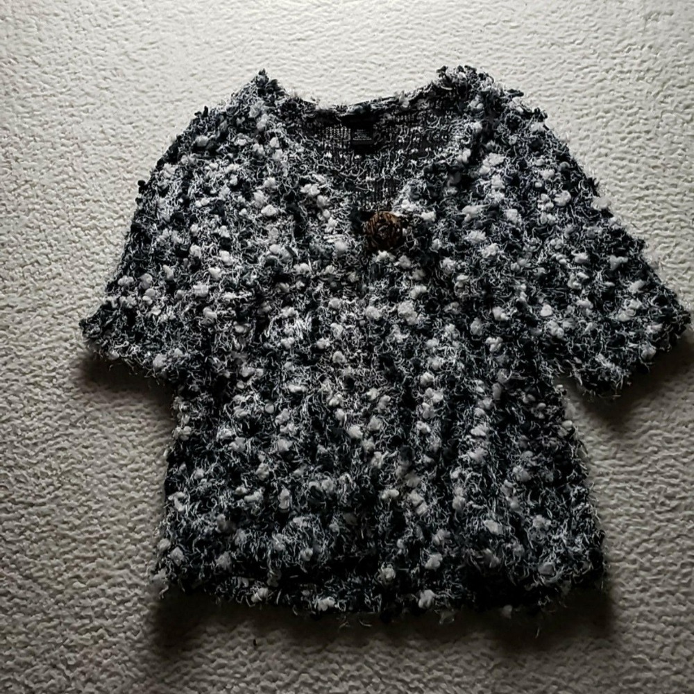 Katie Todd Cardigan Sweater Womens Large Black V Neck Short Sleeve Knit Boucle